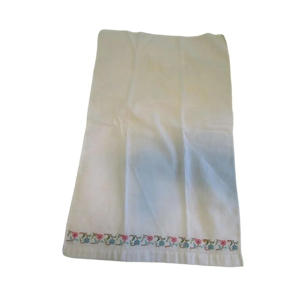 Vintage Hand Embroidered Guest Tea Hand Towels Pink Blue Floral Minor Age Stains
